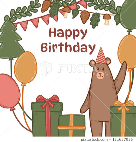 Vector card with a happy bear in a party hat holding gifts and a balloon. Forest setting features vibrant red, orange, and green colors. Perfect design for a birthday celebration in nature 121657056