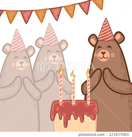 Bear family celebrating with a cake topped with dripping frosting. Hand-drawn party hats, candles, and cheerful bunting add charm. Ideal for children birthday invitations or forest-themed party decor Bear family celebrating with a cake topped with dripping frosting. Hand-drawn party hats, candles, and cheerful bunting add charm. Ideal for children birthday invitations or forest-themed party decor 121657063