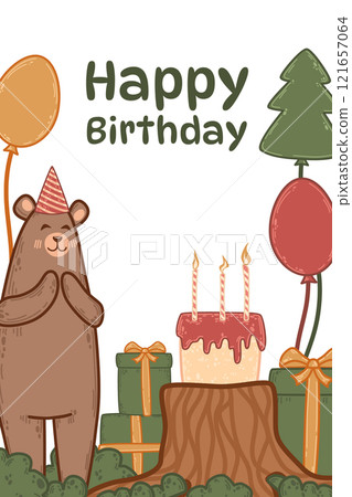 Vector card with a happy bear in a party hat holding gifts and balloons. Birthday design features a forest setting with cake and candles. Perfect for a surprise celebration illustration 121657064