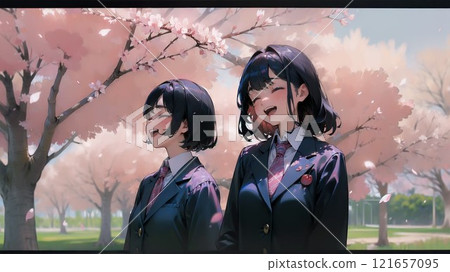 High school girls walking under the cherry blossom trees 121657095