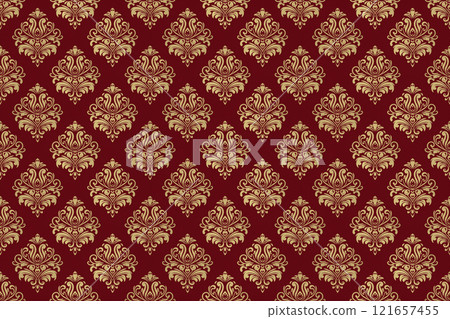 金色錦緞無縫圖案,紅色背景 金色錦緞無縫圖案,紅色背景 121657455