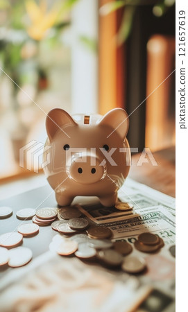 Piggy bank on money symbolizes saving and financial planning for growth and security 121657619
