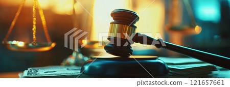 Judge's gavel is placed on a stack of us dollar bills with balance scales in background, suggesting themes of corruption, bribery, and undue influence in legal proceedings 121657661