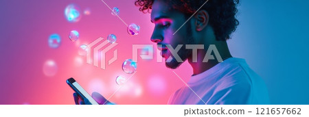 Young man is using smartphone with floating social media icons in neon light, representing the immersive and addictive nature of social media engagement in modern society 121657662
