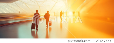 Travelers walk through a modern airport terminal bathed in warm sunlight, creating a sense of movement and purpose in this bustling hub of transportation 121657663