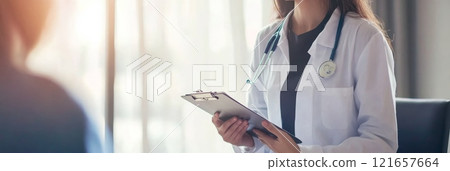 Female doctor wearing lab coat and stethoscope holding clipboard and listening to patient during medical consultation in brightly lit hospital room 121657664