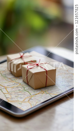 Two small cardboard packages tied with red string sit on a tablet computer displaying a map, suggesting online shopping, e commerce, and delivery logistics Two small cardboard packages tied with red string sit on a tablet computer displaying a map, suggesting online shopping, e commerce, and delivery logistics 121657825