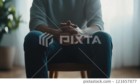Pensive man sits on a chair, clasping his hands together in a gesture of contemplation, conveying a sense of uncertainty and introspection Pensive man sits on a chair, clasping his hands together in a gesture of contemplation, conveying a sense of uncertainty and introspection 121657877