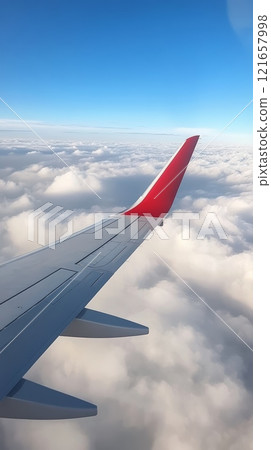 Plane is flying above a beautiful sea of white clouds, with a clear blue sky above. The red winglet of the aircraft adds a splash of color to the scene 121657998