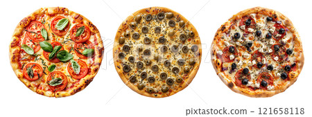 Set of isolated three whole Tomato, Olive, and Greek pizza on transparent background in top view. Set of isolated three whole Tomato, Olive, and Greek pizza on transparent background in top view. 121658118