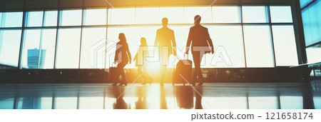 Four business people are walking with their luggage in a sunlit airport terminal. The setting sun creates a warm glow and silhouettes the travelers 121658174