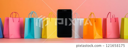 Smartphone with blank screen is surrounded by colorful shopping bags on a vibrant gradient background, representing the ease and convenience of online shopping and e commerce 121658175