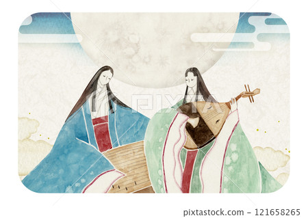 Tale of Genji, Murasaki Shikibu, 45th volume, Hashihime, watercolor illustration Tale of Genji, Murasaki Shikibu, 45th volume, Hashihime, watercolor illustration 121658265