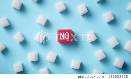 White sugar cubes are surrounding a red cube with the word no representing sugar reduction, no added sugar, and the importance of a low sugar or sugar free lifestyle for health 121658268