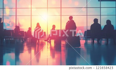 Passengers with luggage are waiting in the departure lounge at the airport, silhouetted against the setting sun shining through the windows 121658423
