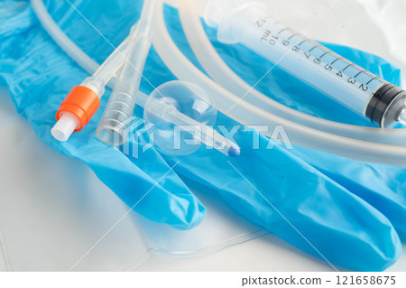 Foley catheter and urine drainage bag collect urine for disability or patient in hospital. 121658675