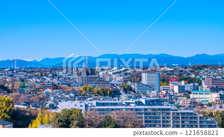 Yokohama cityscape, Japan, January 2nd. View of Azamino Station, Rooms Taishodo, and other areas. Mountains can be seen in the background (2025) 121658821