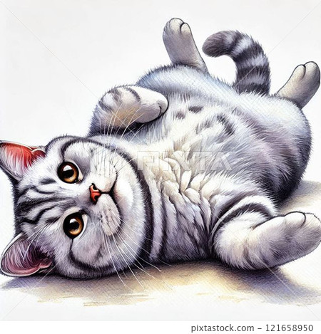 A brown tabby cat lying on its back A brown tabby cat lying on its back 121658950