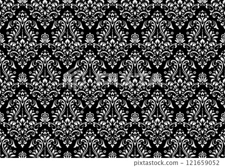 Wallpaper in the style of Baroque. Seamless vector background. White and black floral ornament. Graphic pattern for fabric, wallpaper, packaging. Ornate Damask flower ornament. 121659052