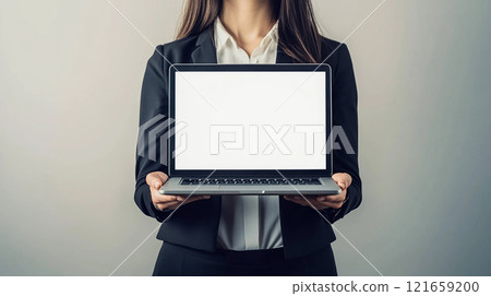 女商人持有的白屏筆記型電腦 女商人持有的白屏筆記型電腦 121659200