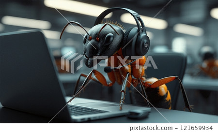Ant acts as a call center operator while sitting in the office at a laptop Ant acts as a call center operator while sitting in the office at a laptop 121659934