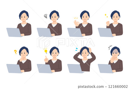 A set of middle-aged women with various expressions and poses while looking at a computer [People vector illustration material] 121660002