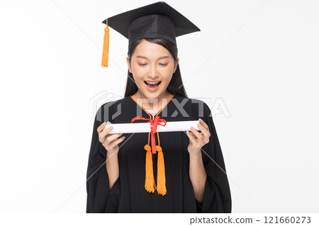 Beautiful Attractive Asian woman graduated in cap and gown smile with certificated in her hand feeling so proud and happiness,Isolated on white background,Education Success Concept Beautiful Attractive Asian woman graduated in cap and gown smile with certificated in her hand feeling so proud and happiness,Isolated on white background,Education Success Concept 121660273