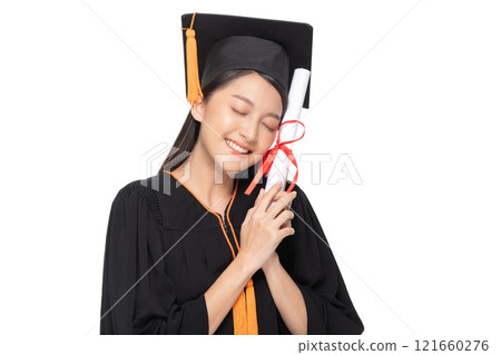 Beautiful Attractive Asian woman graduated in cap and gown smile with certificated in her hand feeling so proud and happiness,Isolated on white background,Education Success Concept Beautiful Attractive Asian woman graduated in cap and gown smile with certificated in her hand feeling so proud and happiness,Isolated on white background,Education Success Concept 121660276