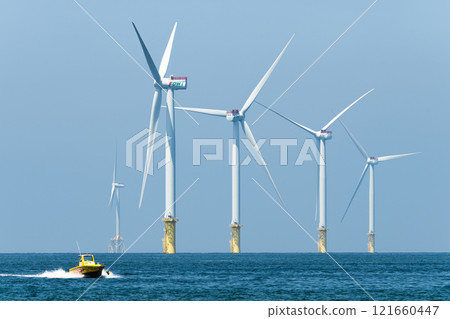 View of the Offshore wind power systems off the western coast of Taiwan. View of the Offshore wind power systems off the western coast of Taiwan. 121660447