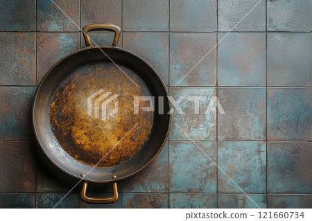 Aerial view of a synthetic iron frying pan 121660734
