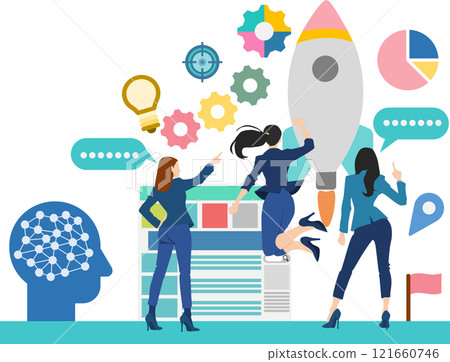 Illustration of a businesswoman thinking about business strategies Illustration of a businesswoman thinking about business strategies 121660746