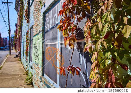 Urban Graffiti and Autumn Vines in Vibrant Cincinnati Street Scene Urban Graffiti and Autumn Vines in Vibrant Cincinnati Street Scene 121660928