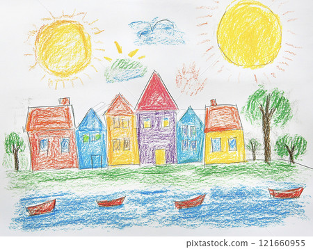 A house with a view of the sea drawn with crayons AI image A house with a view of the sea drawn with crayons AI image 121660955