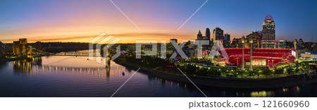 Aerial Panorama of Cincinnati Skyline with Stadium Lights at Golden Hour Aerial Panorama of Cincinnati Skyline with Stadium Lights at Golden Hour 121660960