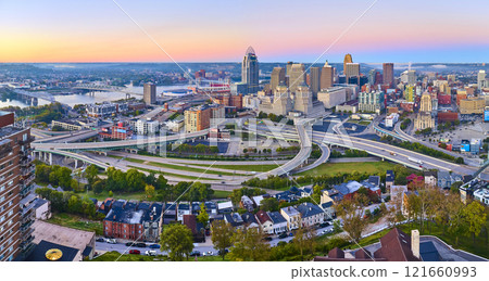 Aerial of Cincinnati Skyline and Spaghetti Highway at Sunset 121660993