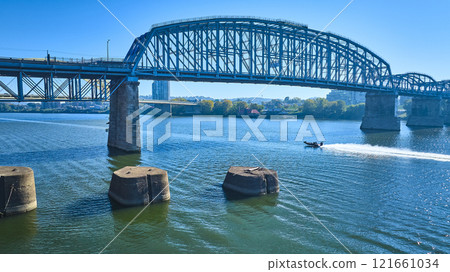 Aerial of Cincinnati Purple People Bridge and Speedboat Motion Aerial of Cincinnati Purple People Bridge and Speedboat Motion 121661034