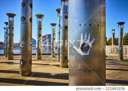 Metallic Columns with Handprint Design in Cincinnati Riverfront Perspective Metallic Columns with Handprint Design in Cincinnati Riverfront Perspective 121661036