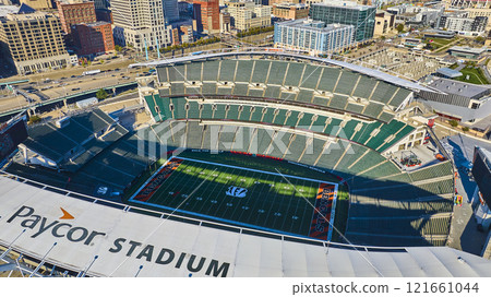 Aerial Cincinnati Paycor Stadium and Cityscape in Motion 121661044