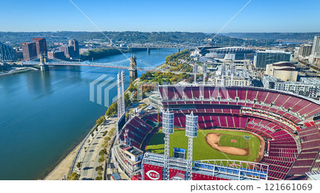 Aerial of Great American Ball Park and Roebling Bridge in Cincinnati Aerial of Great American Ball Park and Roebling Bridge in Cincinnati 121661069