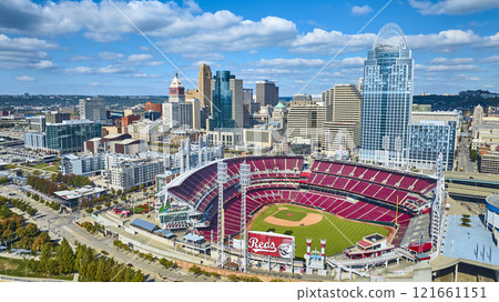 Aerial of Cincinnati Skyline and Great American Ball Park 121661151