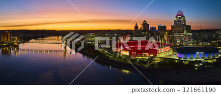 Aerial Panorama of Cincinnati Skyline and Stadium at Dusk with River Reflections 121661190