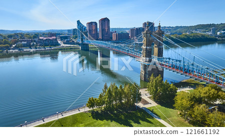 Aerial of John A Roebling Bridge and Covington Skyline Aerial of John A Roebling Bridge and Covington Skyline 121661192