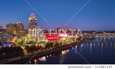 Aerial of Cincinnati Skyline and Great American Ball Park at Dusk 121661195