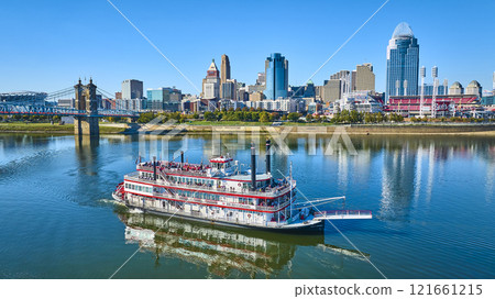 Aerial of Cincinnati Riverboat and Skyline on Ohio River 121661215