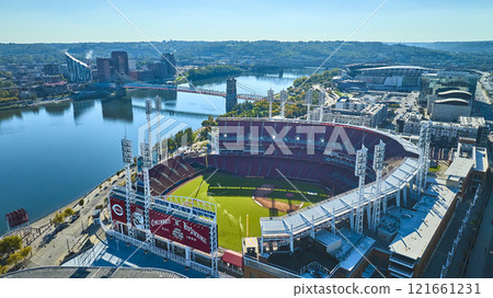 Aerial Great American Ball Park with Cincinnati Skyline and Ohio River 121661231