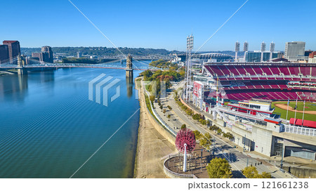 Aerial of Cincinnati Skyline with Roebling Bridge and Ballpark Aerial of Cincinnati Skyline with Roebling Bridge and Ballpark 121661238