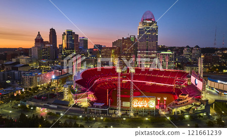 Aerial Cincinnati Skyline at Golden Hour with Great American Ball Park 121661239