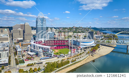 Aerial of Cincinnati Skyline with Great American Ball Park and Ohio River Aerial of Cincinnati Skyline with Great American Ball Park and Ohio River 121661241