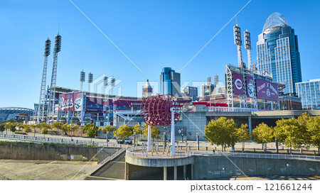 Aerial of Cincinnati Reds Stadium with City Skyline Background Aerial of Cincinnati Reds Stadium with City Skyline Background 121661244