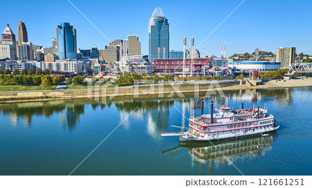 Aerial of Cincinnati Skyline with Riverboat on Ohio River Aerial of Cincinnati Skyline with Riverboat on Ohio River 121661251
